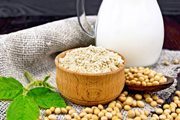 Flour soy in bowl with soybeans and milk on napkin