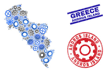 Gear vector Andros Island of Greece map collage and seals. Abstract Andros Island of Greece map is done with gradiented scattered gear wheels. Engineering territory scheme in gray and blue colors,