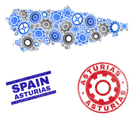 Service vector Asturias Province map mosaic and seals. Abstract Asturias Province map is formed with gradient random cogs. Engineering geographic scheme in gray and blue colors,