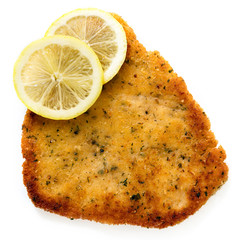 Schnitzel with Lemon Top View Isolated