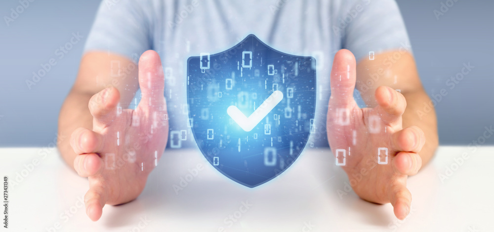 Poster man holding a shield web security concept 3d rendering