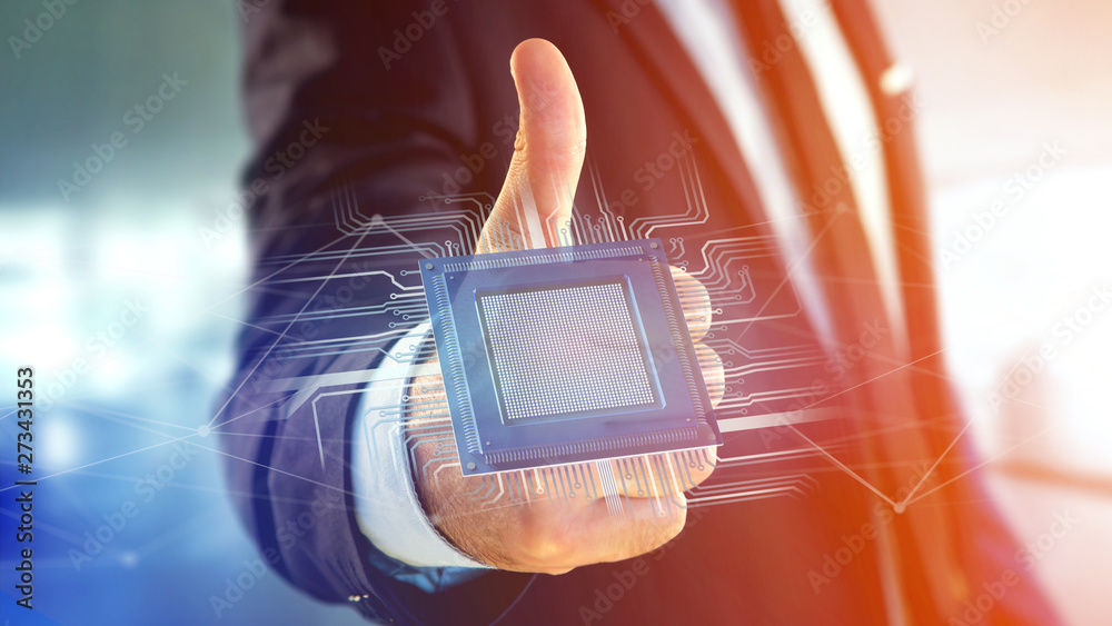 Poster processor chip and network connection - 3d render