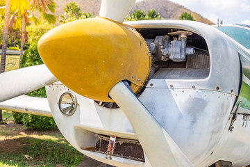 Closeup of old Airplane propeller engine at outdoor park
