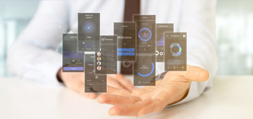 Businessman holding User interface screens with icon, stats and data 3d rendering