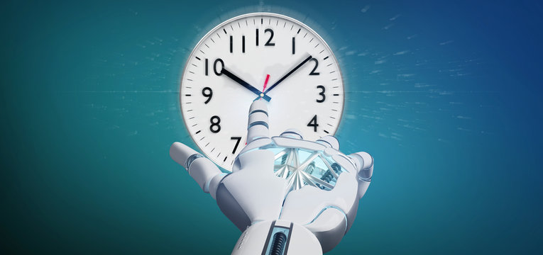 Cyborg hand holding a Clock timer 3d rendering