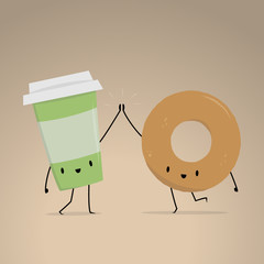 Cute Coffee Cup and Delicious Bagel High Five