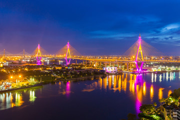 Fototapeta na wymiar Bhumibol Bridge is one of the most beautiful bridges in Thailand and area view for Bangkok.The name of this bridge comes from the name of The king of Thailand. Translate text