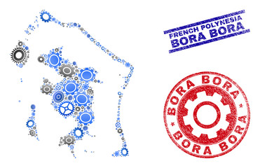 Service vector Bora-Bora map collage and seals. Abstract Bora-Bora map is created of gradient randomized gear wheels. Engineering territory scheme in gray and blue colors, - obrazy, fototapety, plakaty
