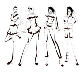 Fashion models sketch hand drawn , stylized silhouettes isolated.Vector fashion illustration set.