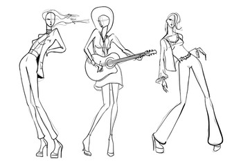 Beautiful young women dance and play music. Hand drawn party fashion girl. Model posing. Sketch. Vector illustration