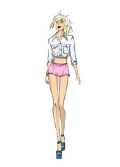 Beautiful young women in shorts and blouse. Hand drawn fashion girl. Fashion model posing. Sketch. Vector illustration.