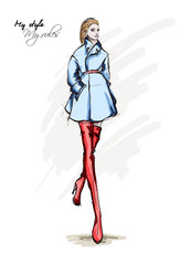Beautiful young women in coats and high boots. Hand drawn fashion girl. Fashion model posing. Sketch. Vector illustration.