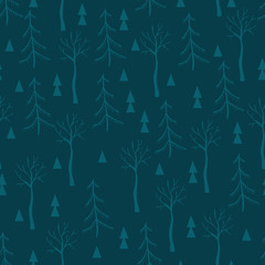 Vector seamless pattern of autumn forest in scandinavian style. Repeater background with cartoon doodle tree and fur-tree for posters, wrapping, textile, leaflet or web