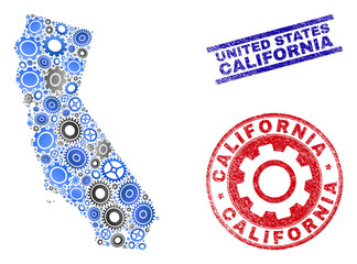 Repair service vector California State map collage and stamps. Abstract California State map is created of gradient scattered cogwheels. Engineering geographic plan in gray and blue colors,