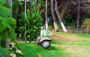 An old abandoned painted motorcycle in a garden at Corfu island