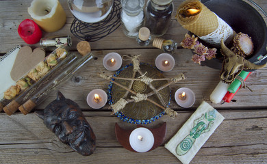 Magical instruments and ingredients on the table