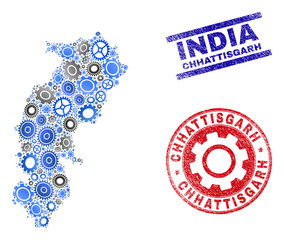 Gear vector Chhattisgarh State map mosaic and seals. Abstract Chhattisgarh State map is created from gradiented scattered gear wheels. Engineering territorial plan in gray and blue colors,