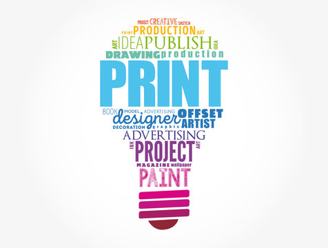 PRINT light bulb word cloud, creative business concept background