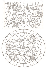 Set contour illustrations with birds toucans on branches of a tropical tree , a dark outline on a white background