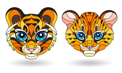 Set of illustrations of stained glass elements with animal faces, cute tiger and leopard, isolated on white background