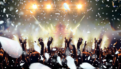 Interior view of a concert arena, petals are falling on a festive crowd