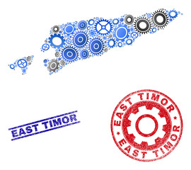 Repair service vector East Timor map mosaic and seals. Abstract East Timor map is composed from gradient scattered gears. Engineering territorial scheme in gray and blue colors,