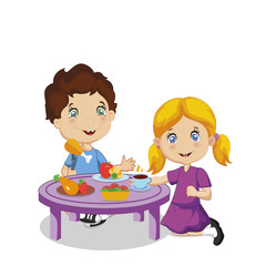 Kids Eating. Cartoon Boy and Girl Sitting at Table