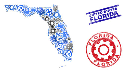 Workshop vector Florida State map composition and seals. Abstract Florida State map is organized of gradient scattered cogs. Engineering geographic plan in gray and blue colors,