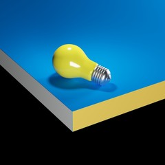 Yellow light bulb on blue mock up background. minima idea concept. 3D render.