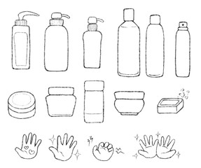 化粧品ボトルと人の手で安全性を示したシンプルな線画イラスト　モノクロ