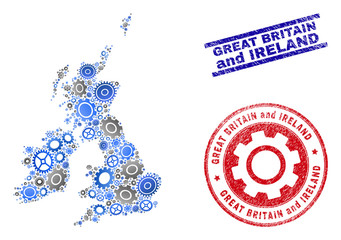 Service vector Great Britain and Ireland map mosaic and seals. Abstract Great Britain and Ireland map is designed with gradient randomized cogs. Engineering territorial scheme in gray and blue colors,
