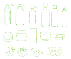 化粧品ボトルと人の手で安全性を示したシンプルな線画イラスト　グリーン　自然派