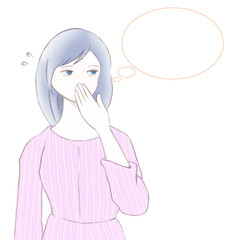 何か言い出しにくい口を隠した女性と心の声を表した吹き出し