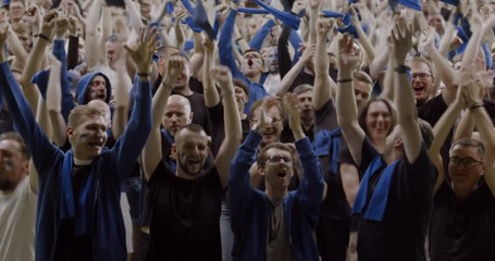MODEL RELEASED Front view sports crowd fans wearing blue clothes celebrating during a sport event. 4K UHD ProRes 422 HQ