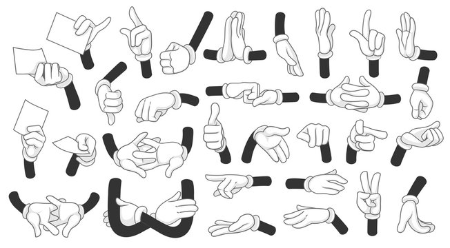 Cartoon gloved hands showing different symbols vector illustration objects set isolated on a white background
