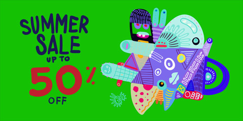 Summer Sale 50% discount Colorful Banner Doodle illustration 