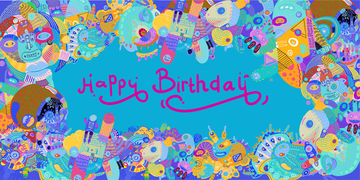 Happy Birthday Greeting Card with Abstract Doodle Illustration Background © yahya