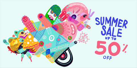 Summer Sale 50% discount Colorful Banner Doodle illustration 