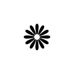 Black flat flower icon. Big Bloom with big oval petals and white core. Isolated on white.