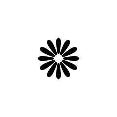 Black flat flower icon. Big Bloom with big oval petals and white core. Isolated on white.