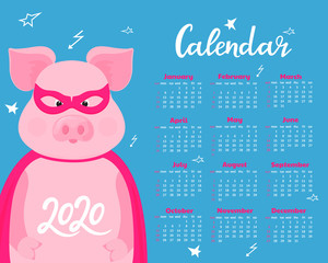 Cute pig in a superhero costume in a mask and a raincoat. Funny animal. Calendar for 2020. Week start on Sunday.