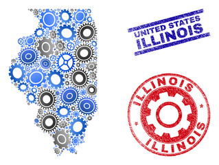 Industrial vector Illinois State map composition and stamps. Abstract Illinois State map is created of gradiented scattered cogs. Engineering territory scheme in gray and blue colors,