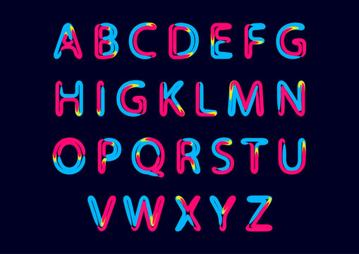Alphabet with letters from A to Z. ABC art alphabet illustration. Retro neon effect.