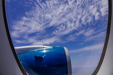 Blue engine of passenger airplane