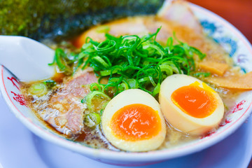 Asian miso ramen noodles with eggs