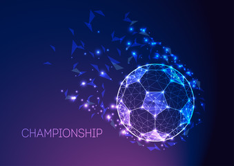 Football championship concept with futuristic soccer ball on dark blue purple gradient background. © Inna