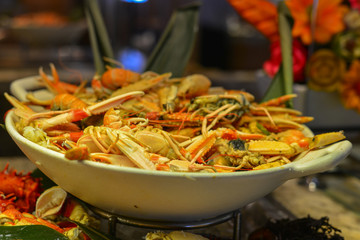 Seafood buffet line in hotel restaurant