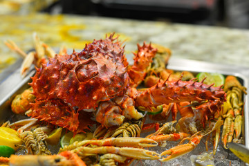 Seafood buffet line in hotel restaurant