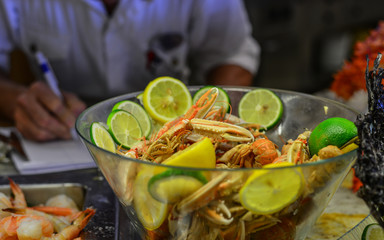 Seafood buffet line in hotel restaurant