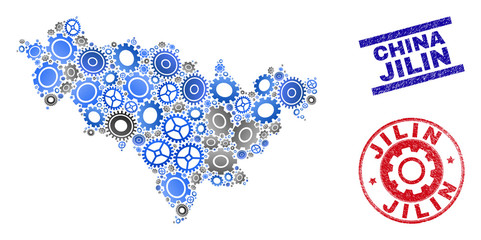 Service vector Jilin Province map mosaic and seals. Abstract Jilin Province map is created of gradient randomized gear wheels. Engineering territory scheme in gray and blue colors,